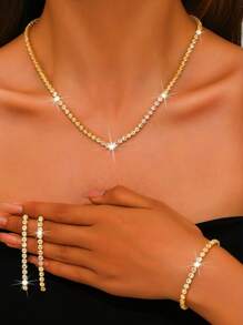Conjunto de joyas de 5 piezas con collar, pendientes, anillo y pulsera con destellos de cristal rhinestone, adecuado para vestidos elegantes de verano de señoras, con variedad de estilos y colores para elegir