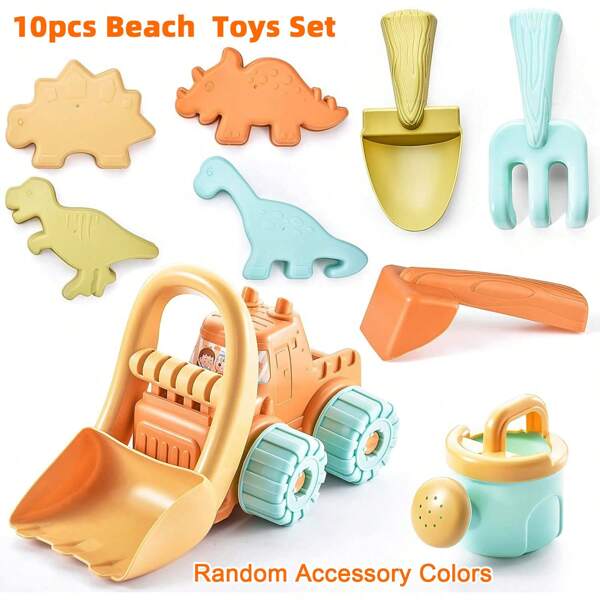 Juego de 10 juguetes para la playa para niños pequeños con bolsa de malla, juego de juguetes de arena que incluye pala, bulldozer, animales dinosaurios y moldes para regadera, juguetes ideales para viajes al aire libre y regalos para bebés niños y niñas de 3 a 6+ años, colores aleatorios