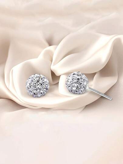 925 Silver Needle Simple Rhinestone Ball Earrings, Suitable For Women's Daily Wear
