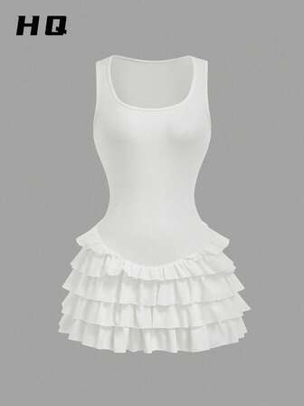 HQ Ladies Summer Dress, Summer Ladies Y2K White Basic Dress Ribbed Bottom Multi-Layered Ruffle Skirt