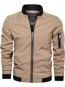 Spring And Autumn Men's Jacket, Zipper Stand-Up Collar Jacket, Classic And Simple Jacket, Gift For Friends, Husband, Boyfriend - Khaki - View 2