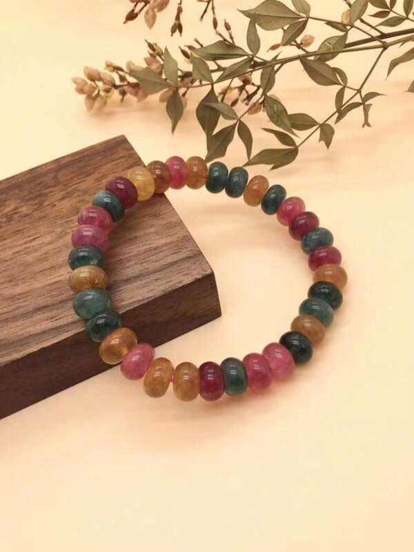 1pc Dopamine Candy Color Natural Beryl Beaded Elastic Bracelet For Women, Bohemian, Elegant, Fashion Wristband, Suitable For Daily, Party, Holiday Wear