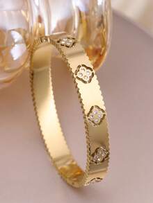 3pcs Fashion 18K Gold Plated Stainless Steel Floral Bangle Bracelets, Cubic Zirconia Inlaid, Waterproof, European Style Wrist Jewelry For Women, Casual, Wedding, Party, Valentine's Day Gift,Mom,Mother,Mother's Day,Gift - Diamond Style - View 17