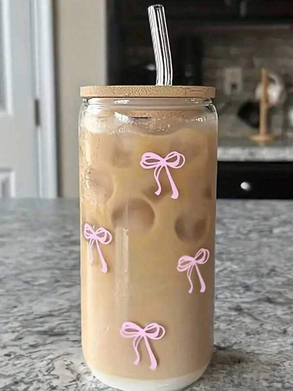 1 Stück, 500ml Glas mit Bambusdeckel und Strohhalm, bierkandosen-förmiges Glas, Wasserglas, Eiskaffe-Becher, Smoothie-Becher, Fruchtbecher, Saftglas mit rosa Schleifen-Aufdruck, wiederverwendbarer Trinkbecher, Sommergetränk-Glasware, Geschenkidee für Zuhause, Büro, Party