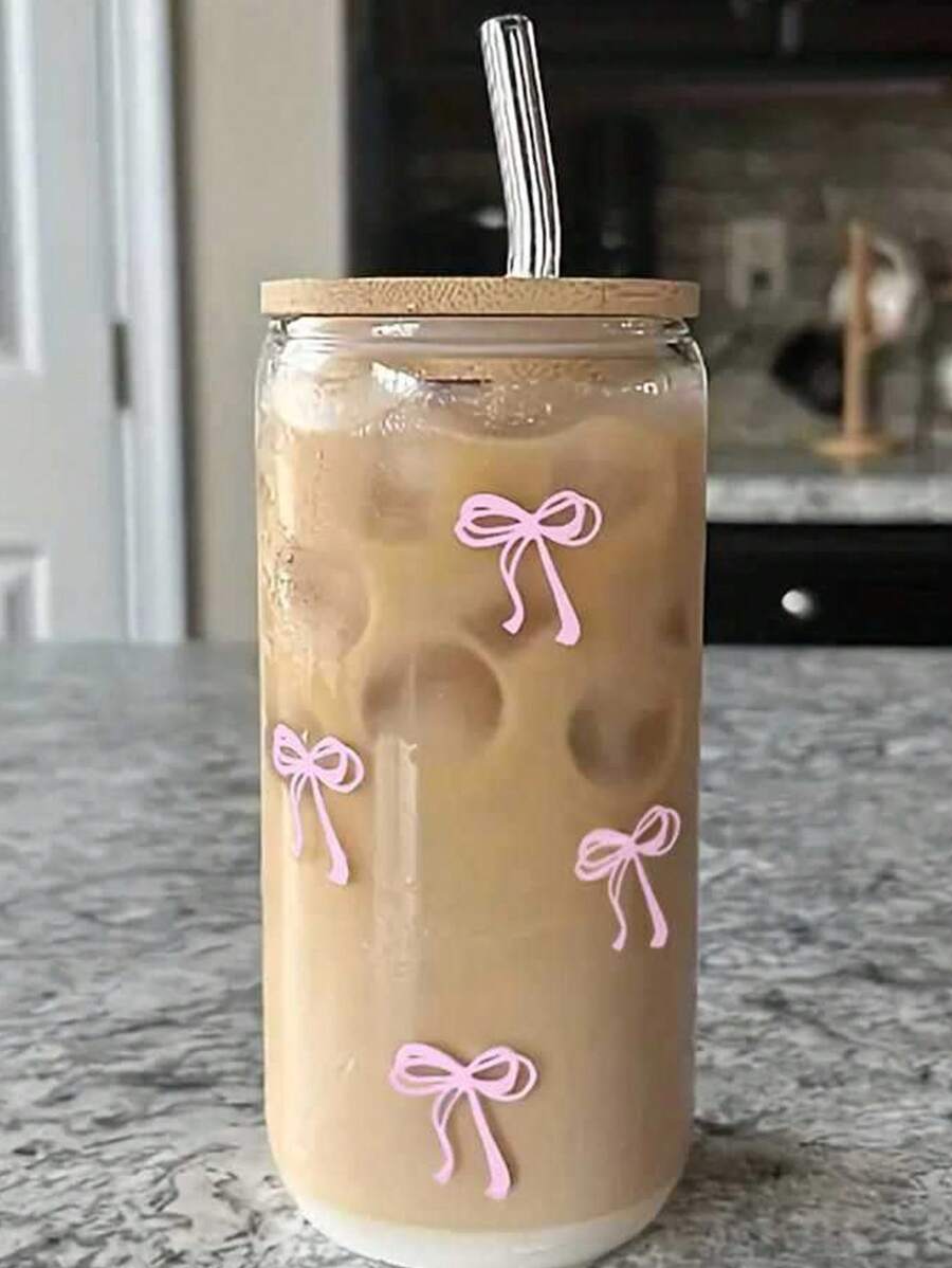 1 Pack, 500ml, Bowknot Pattern, Glass Iced Coffee Cup, With Bamboo Lid, Straw, Cute, Creative, Cold Drink Tumbler, Travel Mug, Christmas Gift, Office, Coffee Lover, Water Bottle, Milk Tea Cup, For Christmas Decorations, Party, Holiday