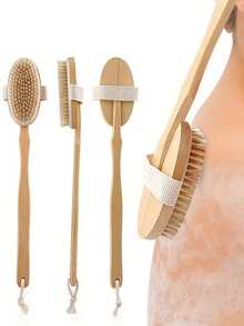 1 套长柄淋浴刷和天然刷毛的手持刷 - 可拆卸去角质身体按摩工具，适合干性皮肤，米色护理，高品质沐浴刷，温和擦洗和背部按摩，浴室必需品，去角质沐浴工具|天然设计|木制沐浴刷，淋浴配件 - 彩色 - 查看 3