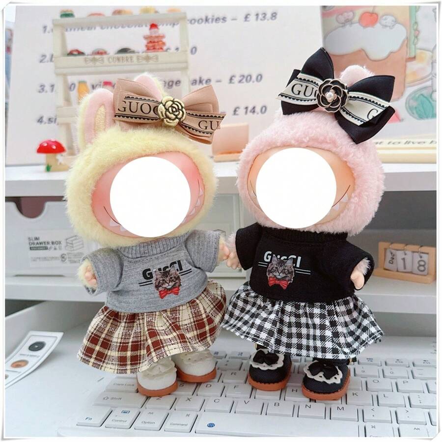 LABOBO 10cm Doll Clothes, High-End Lattice Print Mini Dress Set For LABUBU Blind Box