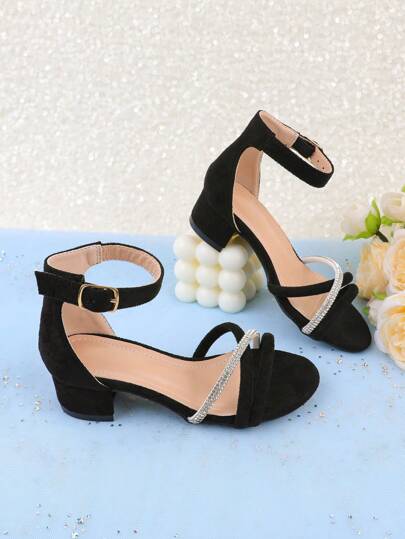 Girls Black Ankle Strap Sandals Low Heels Open Toe Breathable Lightweight High Heeled Sandals, Suitable For Wedding, Party, Casual, Holiday, Banquet, Fashion And Cute Princess Sandals