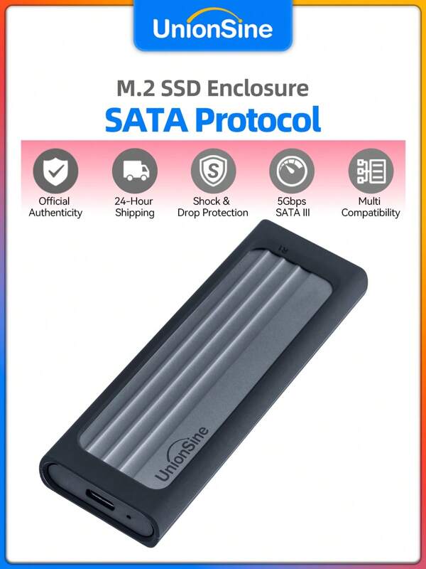 UnionSine Aluminium M.2 SSD Gehäuse mit USB 3.0, 5 Gbps SATA Unterstützung, passend für 2230–2280 SSDs, stoßfeste Silikonabdeckung inklusive, stoßresistent & tragbar, ideal für PC, Tablets und Gaming Geräte - Limitierter Vorrat, solange der Vorrat reicht
