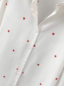 Women's Allover Heart Print Polo Collar Shirt - Oversized Button-Up Front Long Sleeve Top For Casual To Dressy Essentials, Spring Summer Fall All-Season Capsule Wardrobe