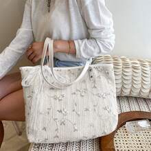 Women's Straw Woven Fashionable Embroidered Flower Large Capacity Shoulder Bag, Summer Beach Bag, Lace Ribbon - Beige - View 2