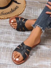 Sandales plates style coréen casual pour femmes, sandales romaines tressées à bout ouvert pour le printemps et l'été, porter à l'extérieur, glissières mode confortables, plates, assorties aux robes, conviennent pour la plage, l'Plat, couleur marron