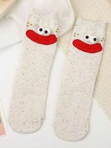 1 Pair/5 Pairs Women Funny Cute Polka Dot Eye-Shape Pattern Interesting Mid-Calf Socks, Suitable For Daily Wear