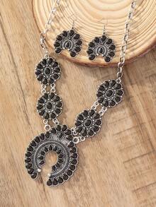 1 Set Women's Retro Bohemian Crescent Turquoise Necklace & Earrings - Black - View 2