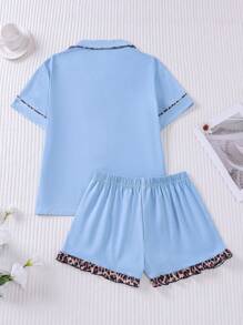2 piezas Conjunto de pijama para mujer de unicolor con estampado de leopardo, camisa de manga corta y shorts, con bolsillo en el cuello, pantalón de mariposa, con botones delanteros, para uso casual en todas las estaciones