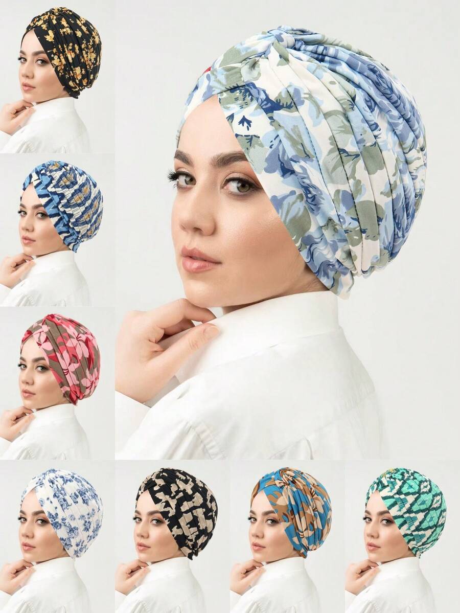 1pc Muslim Printed Headscarf Cap, European & American Style Floral Fabric Turban Hat, Pleated Design For Women For Dress - A - View 1