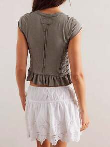Women Y2K Smocked Shirt Top Summer Cap Sleeve Slim Fit Ruffle Hem Shirred T Shirts Ruched Frill Crop Tank Tops Summer Going Out Tops Tees Streetwear - 灰色 - 查看 2