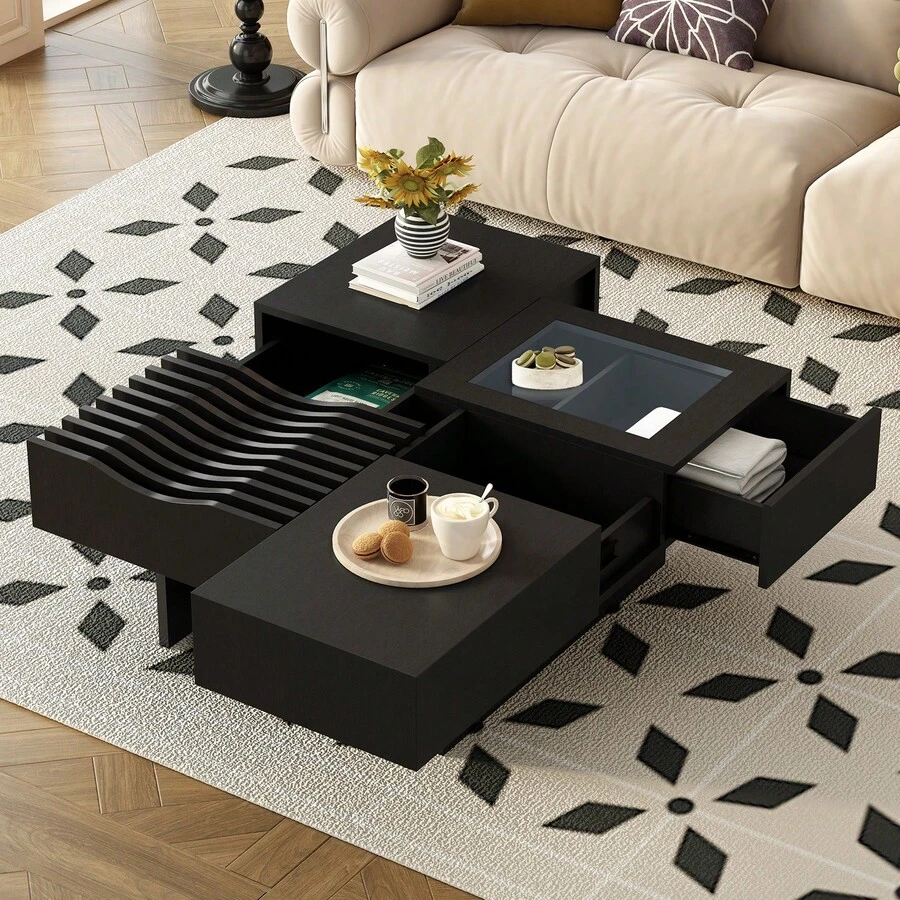 MERAX 33''Mid Century Modern Coffee Table,Unique Square Wooden Coffee Table With 3 Drawers, Tempered Glass And Solid Wood Legs For Living Room,Black - màu đen - Xem 1