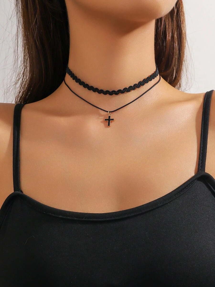 1pc Double Layer Simple Black Cross Women's Choker Necklace, Versatile Casual Wear Jewelry Gift