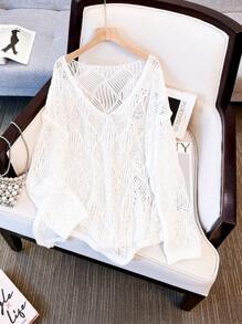 Women's Summer V-Neck Openwork Diamond Pattern Design Loose Knit Cover Up Coverup, Beach Resort