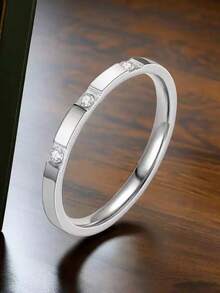 1pc 18k Stainless Steel Ring With Artificial Zirconia Diamonds, Men's Couple Ring For Daily Wear And Wedding - Multicolor - View 12