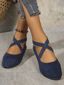 Calzado de mujer 2025 Primavera y Verano Tallas grandes Estilo retro europeo y americano con cuña Slip-On Puntera redonda con tiras elásticas cruzadas - Azul - Ver 5
