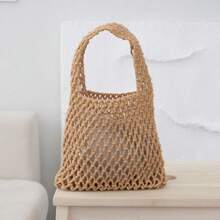 Solid Color Hollowed-Out Hand-Woven Shoulder Bag, Stylish Hand-Woven Handbag With Exquisite Single Strap Mesh Design, Perfect For Beach Vacations Or Summer Trips, Light And Breathable, Showing A Natural Casual Style
