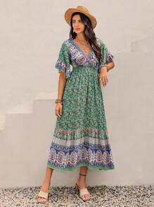 Rusttydustty Vestido de verano elegante con cruce floral azul para mujer de talla grande, ideal para vacaciones en la playa, Día de San Valentín, fiestas de verano, Coachella, Hawái, y viajes tropicales con volantes