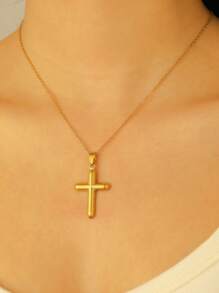 1 pièce Collier mode rétro en acier inoxydable croix, pendentif ovale creux avec chaîne en arête de poisson, convient pour un port quotidien, pour les fêtes et les festivals