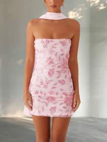 Women Sequin Beaded Tube Mini Dress With Scarf Sets Y2k Sparkly Floral Strapless Bodycon Short Dress Glitter Off Shoulder Sleeveless Backless Going Out Dresses Cocktail Party Clubwear - 粉色 - 查看 1