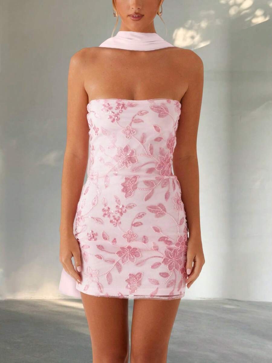 Women Sequin Beaded Tube Mini Dress With Scarf Sets Y2k Sparkly Floral Strapless Bodycon Short Dress Glitter Off Shoulder Sleeveless Backless Going Out Dresses Cocktail Party Clubwear - 粉色 - 查看 1