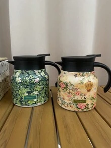 1pc 800ml UV Floral Pattern Stainless Steel Coffee/Tea Pot, Thermal Insulated Household/Office Use Large Capacity Coffee Pot - Multicolor - View 1