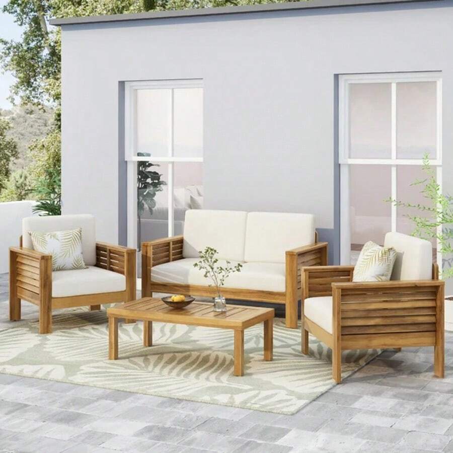 Teak Acacia Wood Loveseat And Coffee Table Set With Cream Cushions-413 - Multicolor - View 1