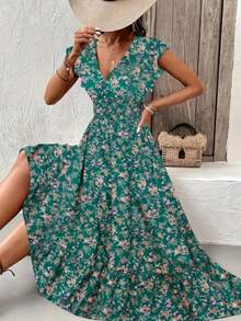Plus Size Women's Floral Print V-Neck Dress, Elegant Vacation Style With Ruffle Sleeves, A-Line Dress For Spring And Summer - Green - View 3