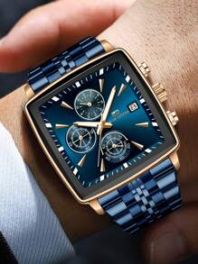 VA VA VOOM 1 PEÇA Relógio Masculino 2025 Novo Quadrado Multifuncional Movimento de Quartzo Relógio de Luxo com Cronômetro Pulseira de Aço Inoxidável Marca VA VA VOOM Original Calendário Luz Noturna Relógio Dourado & Prata & Azul & Preto Simulado Negócio Lazer Esporte Presente Relógio de Pulso
