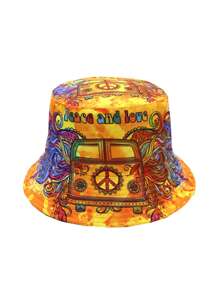 Casual Summer "Peace Love" Print Vacation Bucket Hat, Unisex Boho Style Reversible Sun Protection Bucket Hat