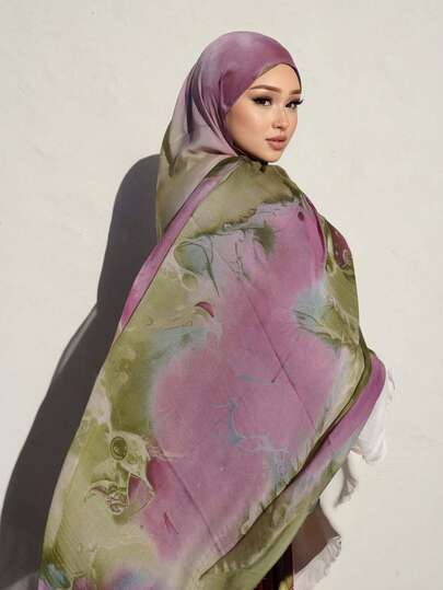 1pc Women's Printed Headscarf, Bohemian Style Scarf, Marble Print Pattern, Silky Soft Feel, Long Shawl, Suitable For Everyday And Holiday Wear