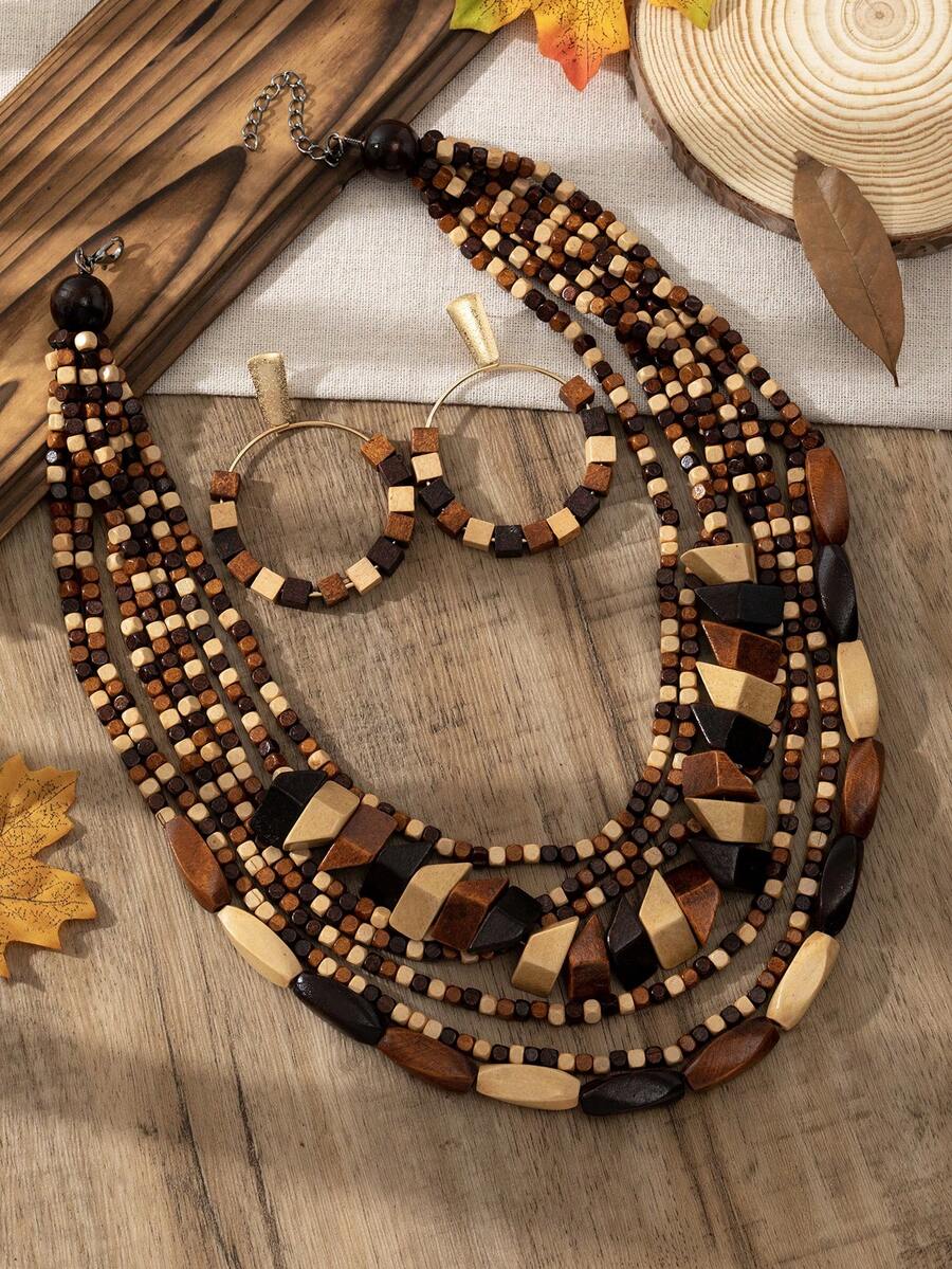 3 件套波西米亚风格彩色木质多层项链和耳环首饰套装