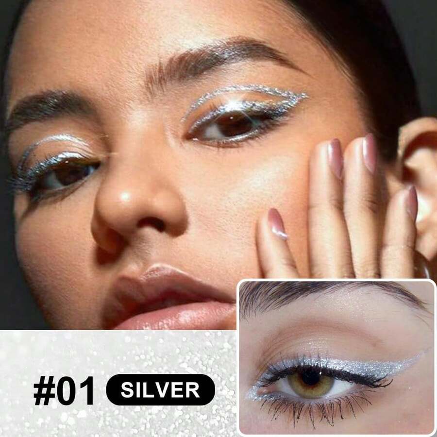 Silver Glitter Liquid Eyeliner, Metallic Shimmer Light Silver Eyeliner Liquid Eye Liner Eyeshadow Pencil Face Body Glitter Makeup, Longwear Waterproof, Fake Eyelashes Mascara Accessories - Silver - View 1