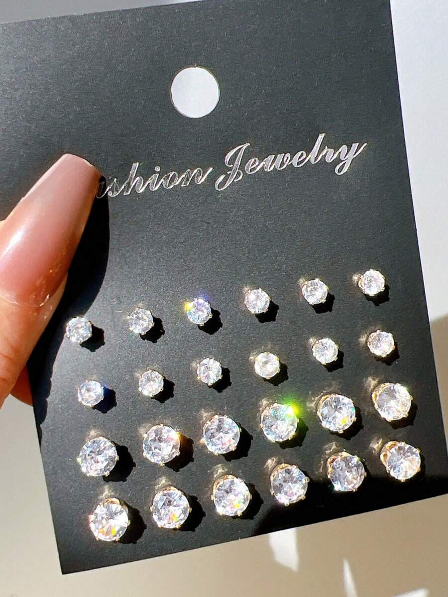 24pcs Classic Cubic Zirconia Stud Earrings Set, Fashionable & Versatile - Yellow Gold - View 1