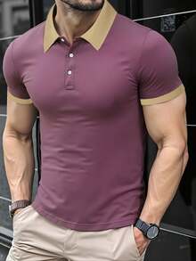 男士撞色饰边高尔夫 Polo 衫，半扣领拼色商务休闲工作衬衫，适合男朋友礼物、高尔夫、日常穿着、夏季穿着、网球穿着