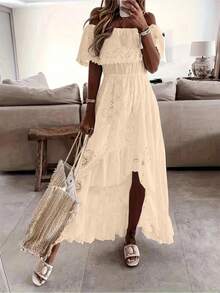 Hollow Out Embroidery Lace Hem Off Shoulder Dress With Ruffle Trim, Spring Summer Holiday Casual Boho & Bohemian Style - Apricot - View 3