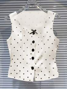 Women's Elegant Casual Black & White Polka Dot Bow Decor Button Front Camisole Tank Top, Summer All-Match Versatile Design