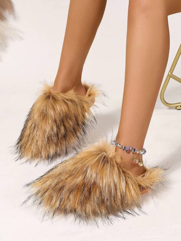 Pantuflas deslizantes esponjosas para mujeres, de unicolor con tema animal, sexy y lindas, de tela de piel sintética apta para vacaciones, fiestas, uso en interiores/exteriores, primavera/otoño/invierno