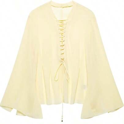 ZEVITY Camisa casual de mujer de manga larga, holgada y de unicolor con cordón