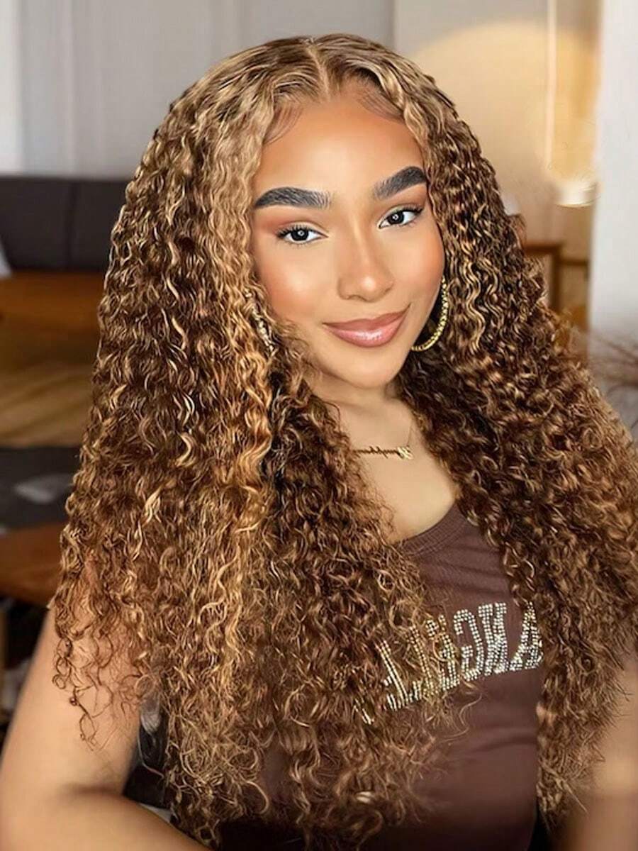 Glueless Deep Wave Wig Human Hair Pre Plucked Highlight Color Put On And Go Wigs Pre Cut Lace Curly Lace Wigs For Women No Glue 5x5 Lace Closure Wigs - S4/27 - 查看 1