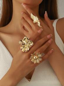 1 pieza Anillo minimalista con patrón floral único de estilo de moneda antigua, de metal liso con diseño geométrico floral en espiral