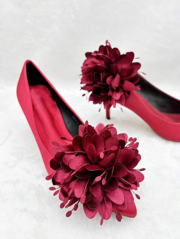 2pcs Burgundy Fabrics Peony Flower Bridal Shoe Clips, Detachable Metal Clips Decor For Heels, Boots, Clothes, Fashion Accessories