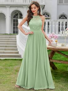 MIUSOL Vestido largo de gala formal con cuello de halter, sin mangas, con volantes, de gasa con lentejuelas y encaje floral