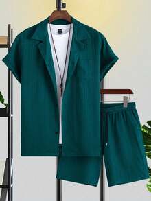 Conjunto de camisa y pantalón corto de verano en colores sólidos para hombre - Verde - Ver 3